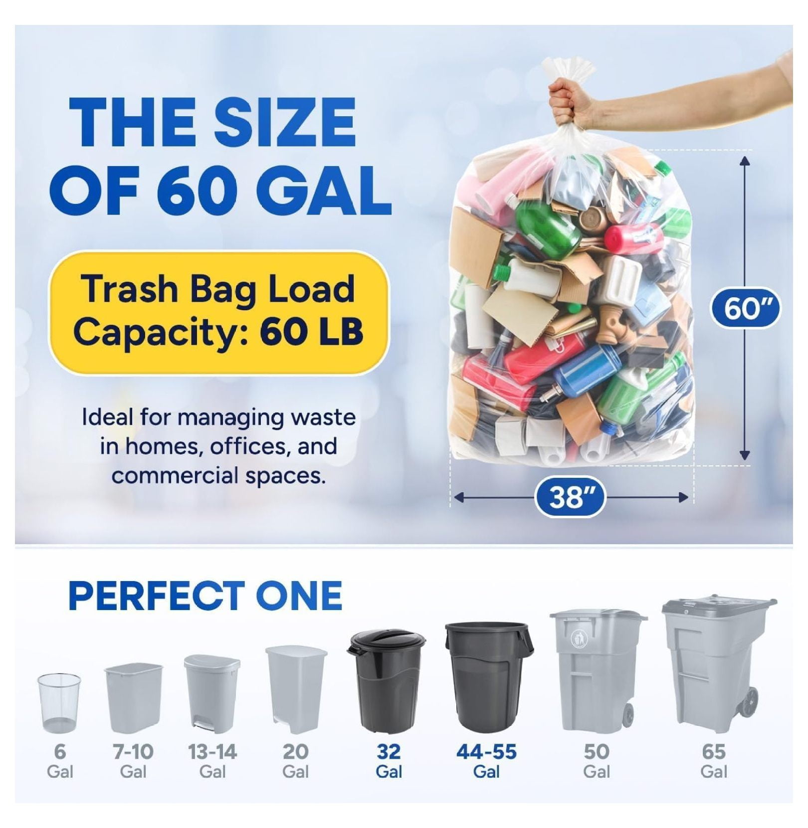 55-60 Gallon Clear Trash Bags, W x 38 in, L x 60 in, 12 Micron High-Density Can Liners, Leak-Resistant Garbage Bags, Fits Round & Square Cans, Pack of 200