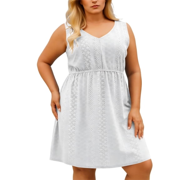 HAiming Plus Size Dresses for Women Sleeveless Eyelet Smocked Solid Color Casual V Neck Midi Sundress Summer Vacation Tank Dresses