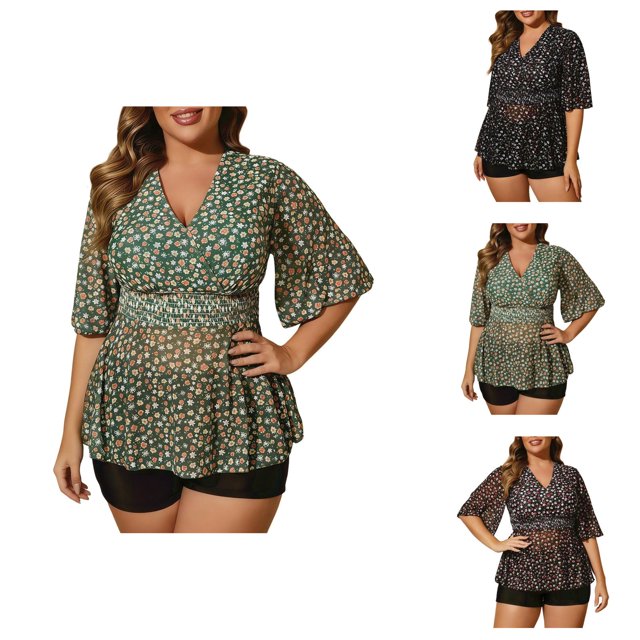 Womens Swimsuits Tankini Plus Size Modest Short Sleeve V Neck Floral Swim Dress with Bottom Swimming Suits for Women 2 Pieces