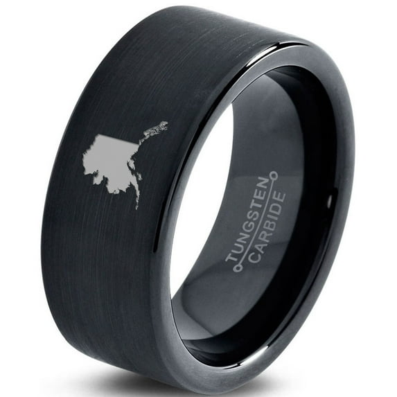 Tungsten Alaska The Last Frontier State Band Ring 9mm Men Women Comfort Fit Black Flat Cut Brushed Polished