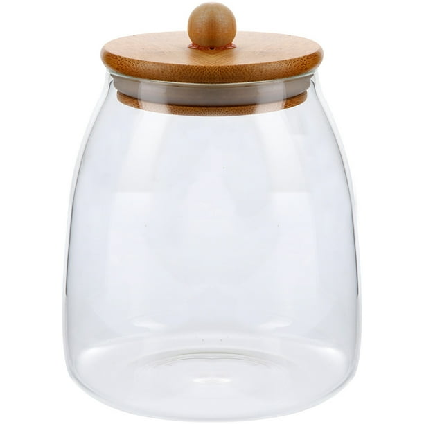 Recipiente de vidrio para almacenar alimentos, harina y azúcar con tapa de bambú.
