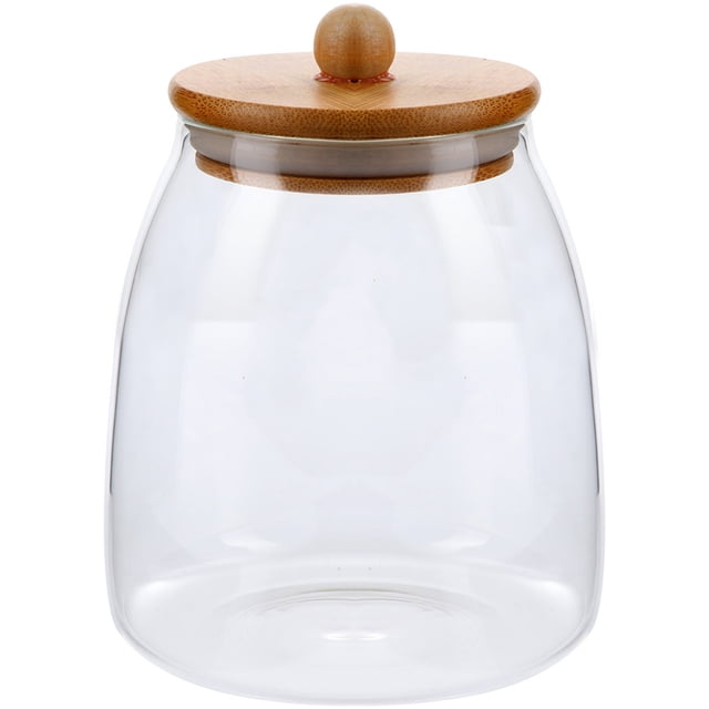 Recipiente de vidrio para almacenar alimentos, harina y azúcar con tapa de bambú.