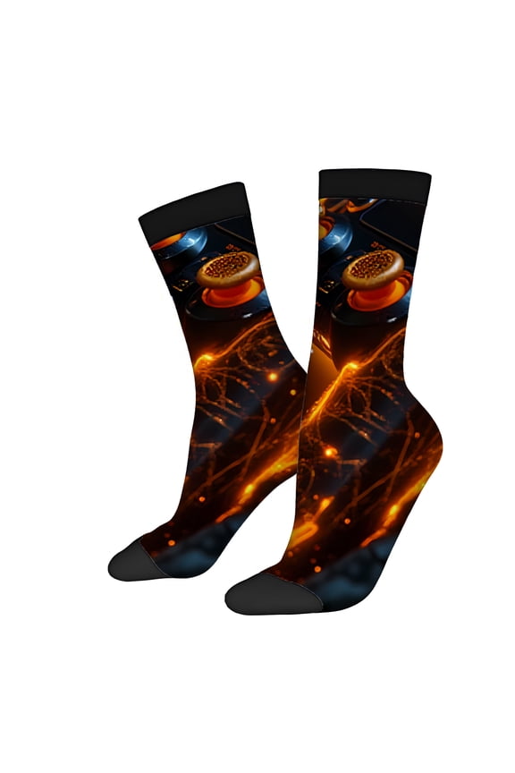 Four Seasons Universal Socks (2 Pairs) - Unisex Trendy Socks with Futuristic Glowing Orange & Yellow Digital Pattern Mixed Color Design Perfect for All Seasons