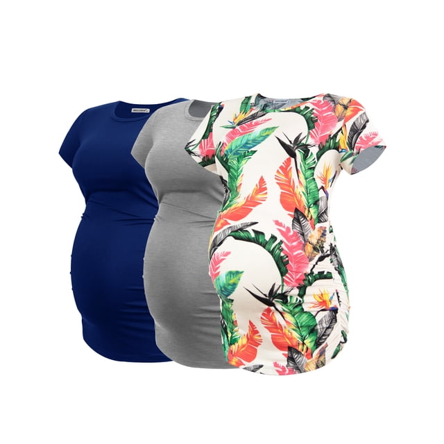 Smallshow Women's Short Sleeve Maternity Shirt Side Ruched Pregnancy Tunic T-Shirt 3-Pack