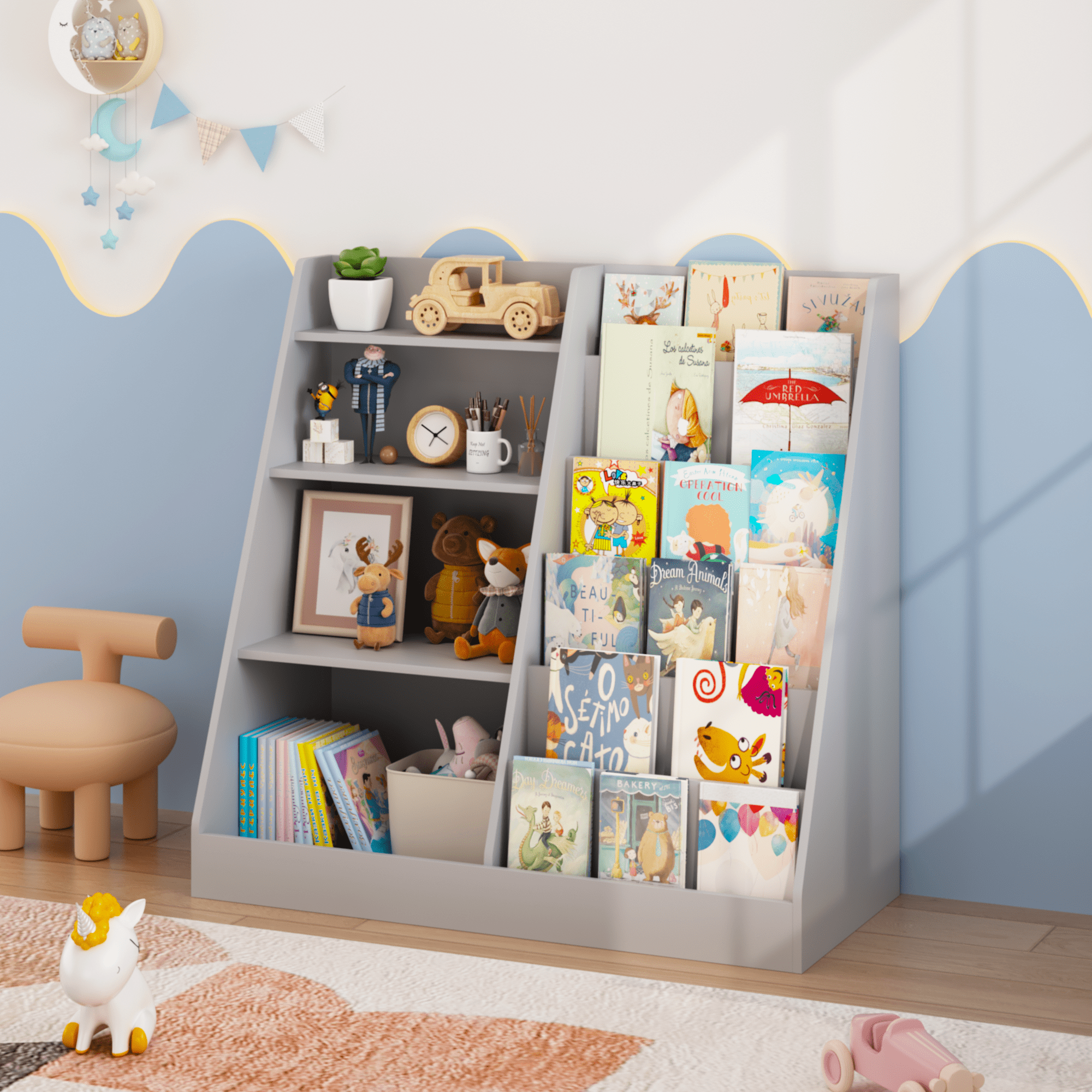 Kids Bookshelf and Toy Storage Organizer, Multifunctional 4 Tier Wooden Kids Book Shelf with Bookcase Display Stand in Kids Room Playroom Nursery for Kids, Children, Toddlers (Gray)
