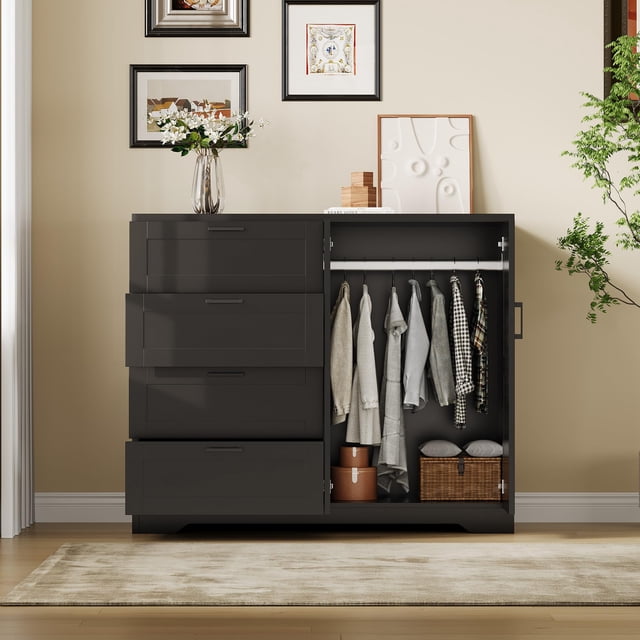 Commode à 4 Tiroirs avec Tringle, Armoire de Rangement Grand pour Suspendre des Tissus et Doubles Portes, Commode pour Chambre, Noir
