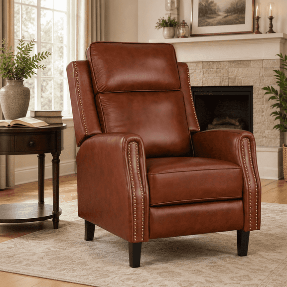 Carolayne Genuine Leather Recliner Chair, Manual Push Back Lounge Chair with Thick Cushion and Adjustable Backrest, Classic Rivet Accent Reading Chair for Living Room, TV Room, Bedroom, Red Brown