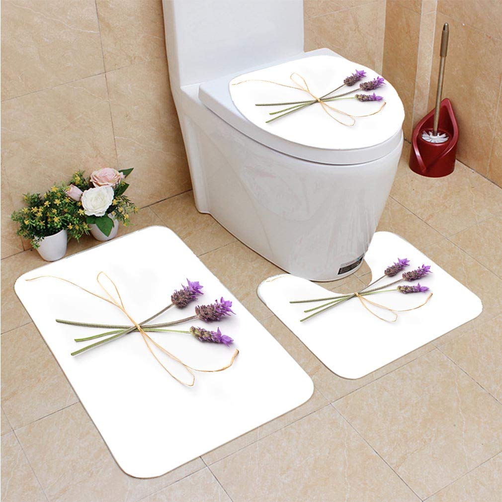 CHAPLLE Lavender Plant 3 Piece Bathroom Rugs Set Bath Rug Contour Mat and Toilet Lid Cover
