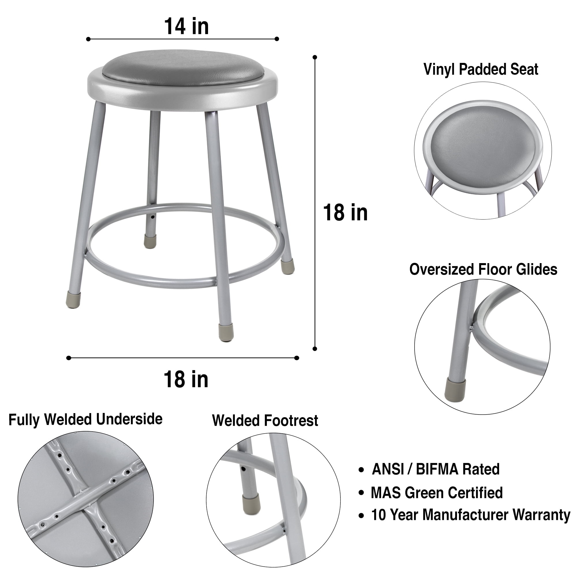 Hampden Furnishings Otto Collection 18" Height Vinyl Padded Science Stool, Grey, Pack of 2