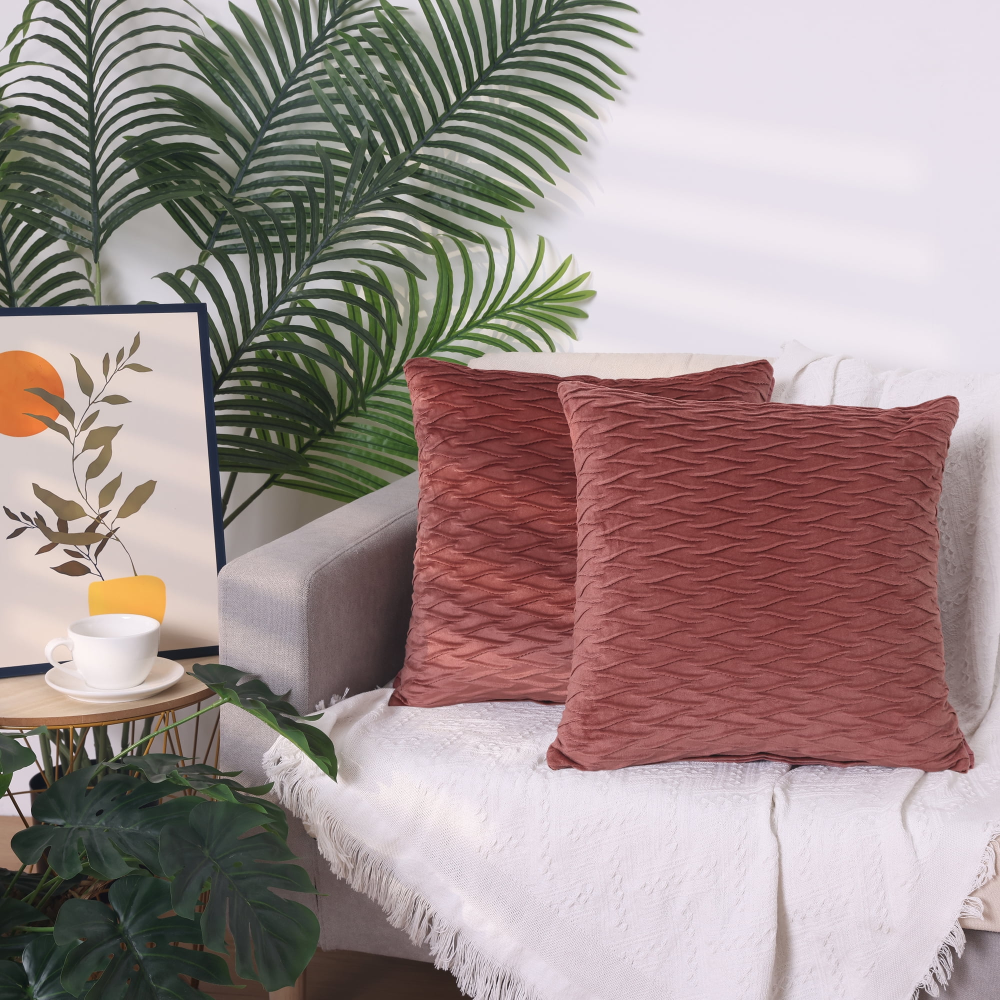 Unique Bargains 4 Solid Striped Square Decorative Throw Pillow Covers Textured Pillowcases Dark Pink 18" x 18"