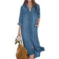 thumbnail image 1 of Bellella Robe-Chemise Midi en Jean pour Femmes, Boutonnée, Col à Revers, Coupe Ample, Manches Longues, Bleu, M, 1 of 2
