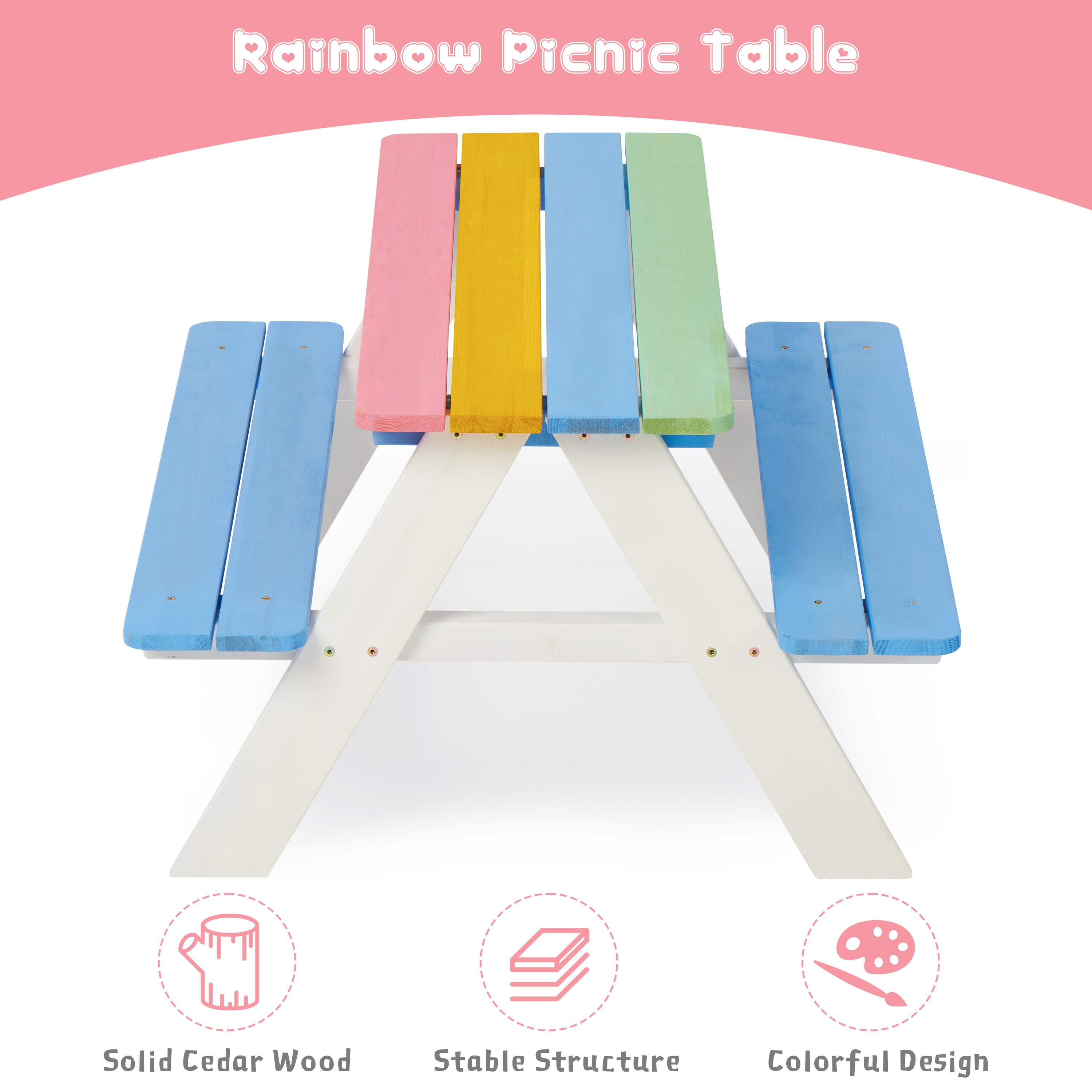 D-road Outdoor Kids Picnic Table & Bench Set, Cedar Wood, Rainbow Color - image 2 of 6