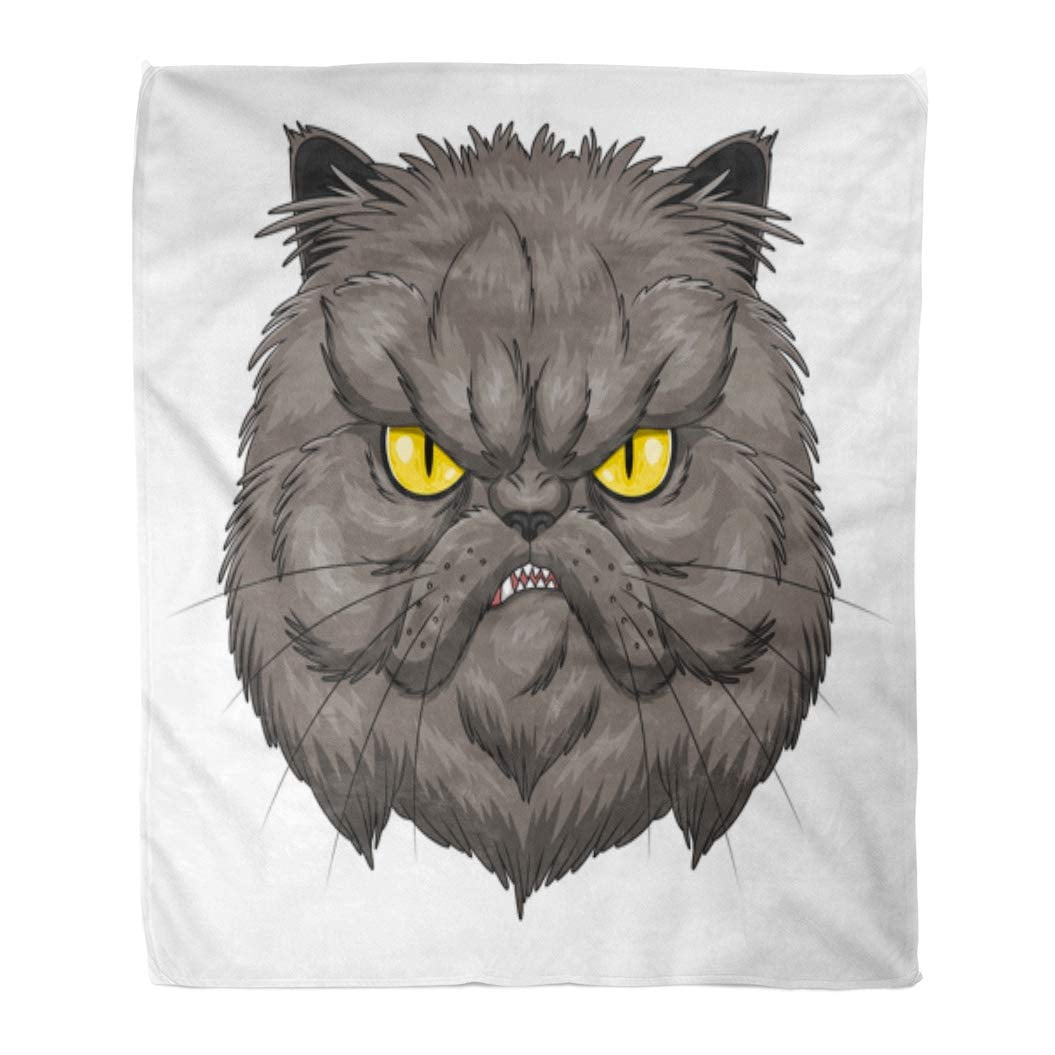 Hatiart Throw Blanket 50x60 Inches Gray Angry Persian Cat Face Cartoon Domestic Feline Funny Furry Gloomy Warm Flannel Soft Blanket For Couch Sofa Bed