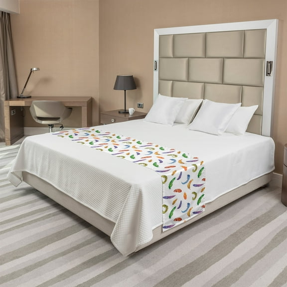 Feather Bed Runner, Repetitive Colorful Minimalist Romantic Plume Print, Decorative Accent Bedding Scarf for Hotels Homes and Guestrooms, King, Multicolor, by Ambesonne