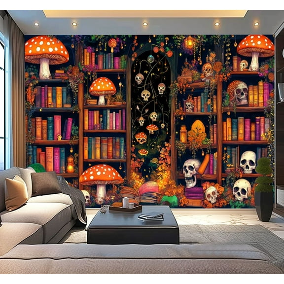 Peel and Stick Wallpaper Blacklight Uv Reactive Magic Books Mushroom Skull Botanical Floral Modern Art Wall Mural Decor Self Adhesive and Removable 100in x 144in