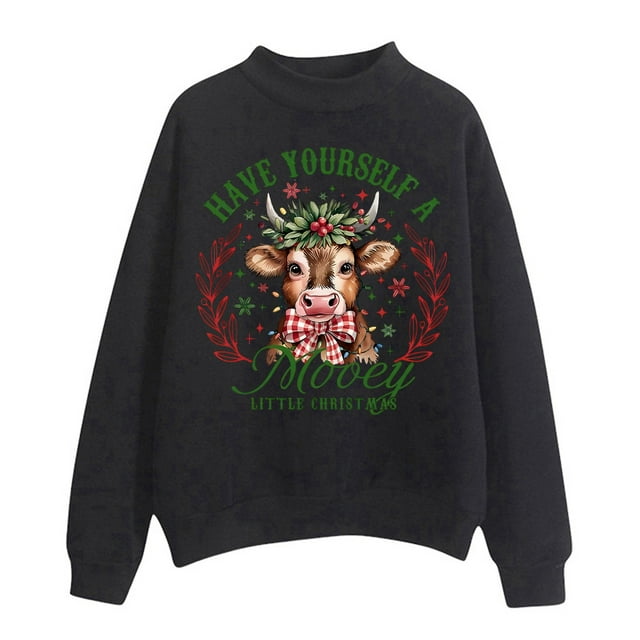 HNMKIU Hauts pour Femmes Imprimé Vache de Noël Chandail Col Rond Manches Longues Chandail en Molleton Imprimé Vache Col Rond