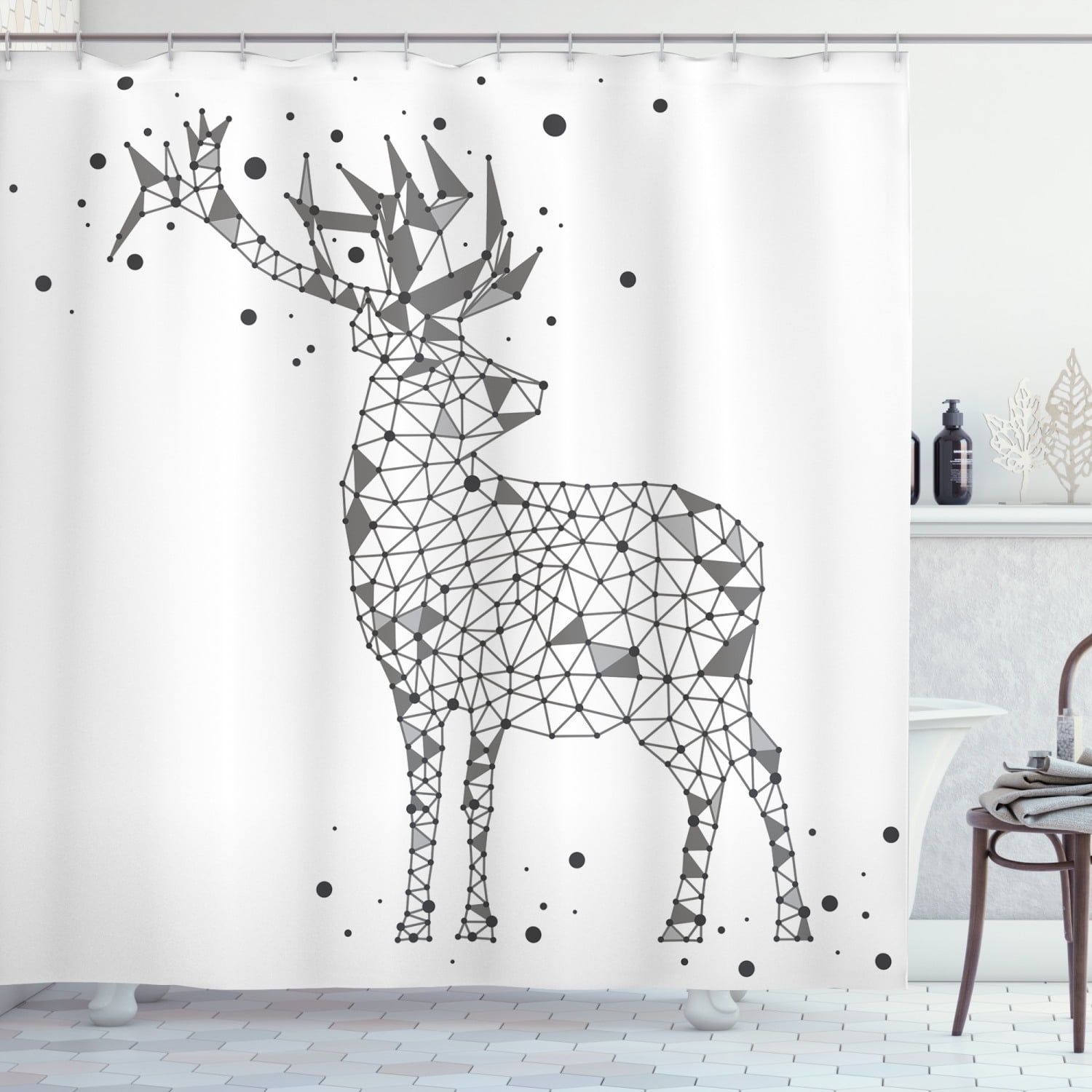 Deer Hunting Shower Curtain, Polygonal Look Wild Animal with Horns