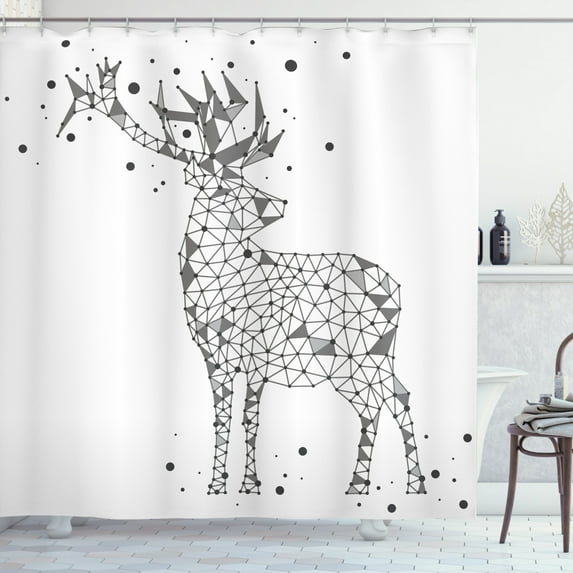 Deer Hunting Shower Curtain, Polygonal Look Wild Animal with Horns Hipster Print, Fabric Bathroom Set with Hooks, 69"W X 84"L Extra Long, Dimgray Pale Taupe and Charcoal Grey, by Ambesonne
