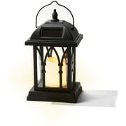 Outdoor Hanging Solar Lantern - 11 Inch Black Lantern with Solar Powered LED Candle, Waterproof, Dusk to Dawn Timer, Classic Mission Style, Table Top Patio Lighting