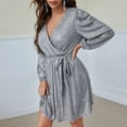thumbnail image 4 of BLTIBY Womens Sequin Dress Lantern Long Sleeve V Neck Cocktail Party Dress Plus Size Dresses Wedding Guest with Belt Silver M, 4 of 6