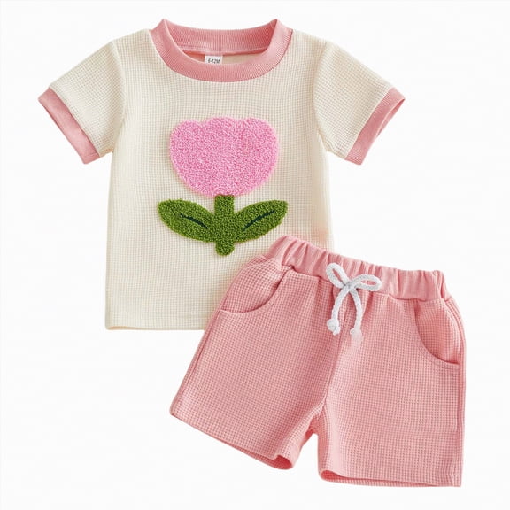 Xyant Toddler Baby Girl Summer Clothes Embroiderey Waffle Knit Short Sleeve T-Shirt Tees Strawberry Shorts Cute Clothing Set (Pink,6-12 Months)