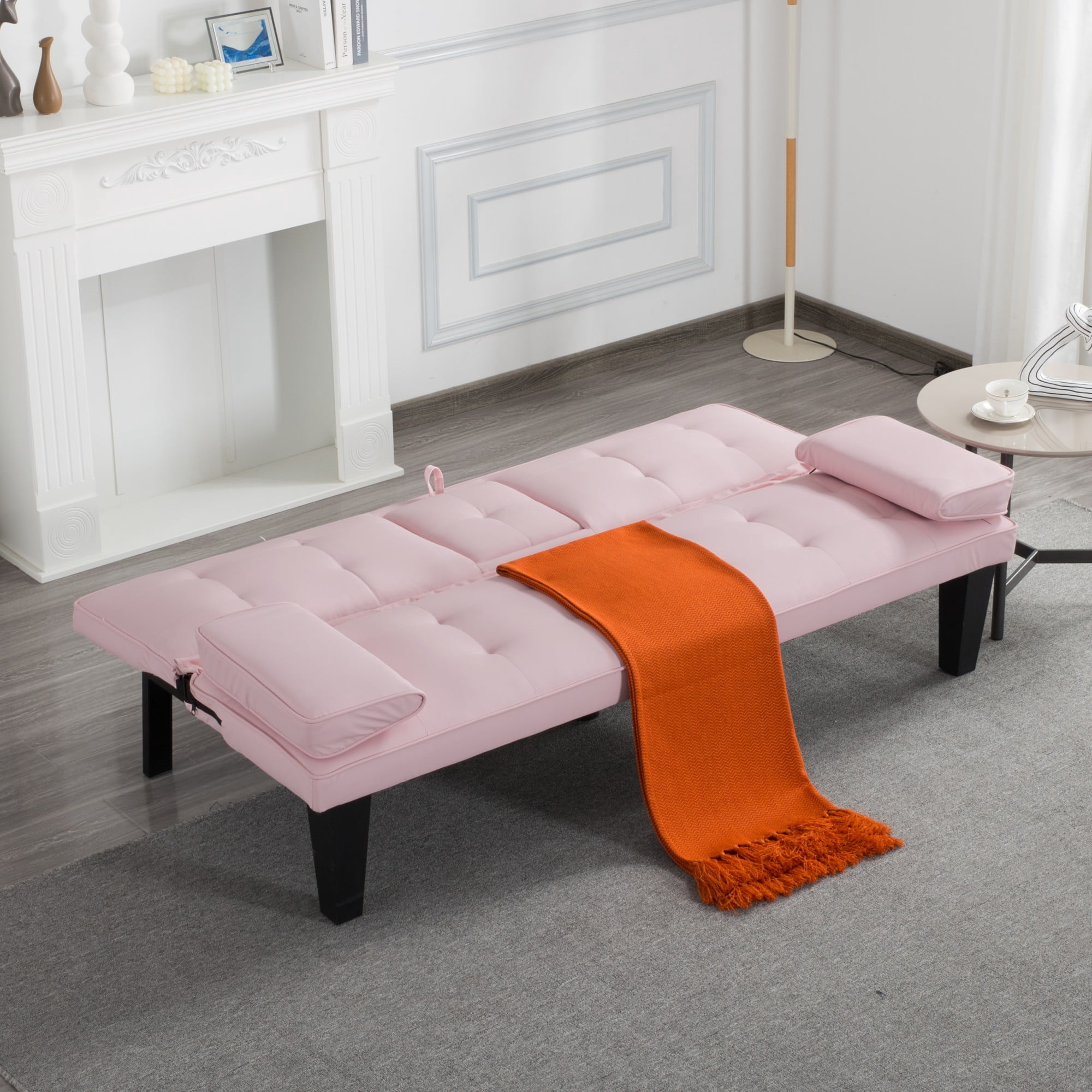 BSHTI 65" PU Futon Sofa Bed with Drop-Down Console, Cup Holders, 3-Position Backrest, Arm Cushions, Chrome Legs for Living Room（Pink）
