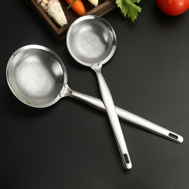 Cuchara colador para aceite de acero inoxidable | Colador multiusos de malla fina | Filtro de acero 304 para alimentos, aceite, espuma | Mango largo resistente al calor | 26-33 cm | 1 pieza | Apta