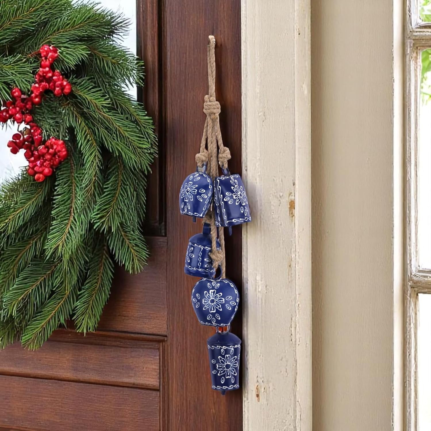 Vivanta Christmas Bell Wind Chime 25” – 5 Pcs Metal Jingle Bells on Jute Rope, Holiday Décor, Vintage Sleigh Bells Wind Chime for Door, Fireplace Mantel, Tree & Home Decoration (Blue)