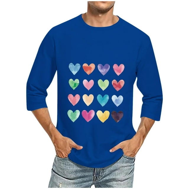 Camisas de Manga Larga para los Hombres Día de San Valentín Impresión Cuello Redondo Moda Casual, Mezcla de Poliéster de Lino de Algodón para Primavera Verano