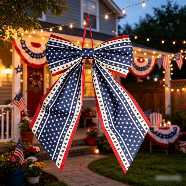 Lazo decorativo con estampado de estrellas rojas, blancas y azules para fiestas del Día de la Independencia y adornos para puertas: lazo de tela hecho a mano para coronas, repisas de chimenea y