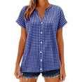 thumbnail image 2 of Oksale Plaid Shirts Women Loose Cozy Linen Cotton Summer Tops Trendy Button Down Short Sleeve Blouses 2026 Blue S, 2 of 9