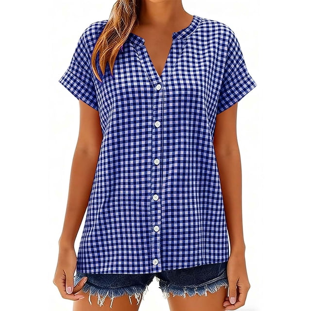 LVHAOGJOB Shirts for Women Button Up Summer V Neck Tops Cotton Linen Plus Size Pullover Short Sleeve Womens Blouse Ruffle