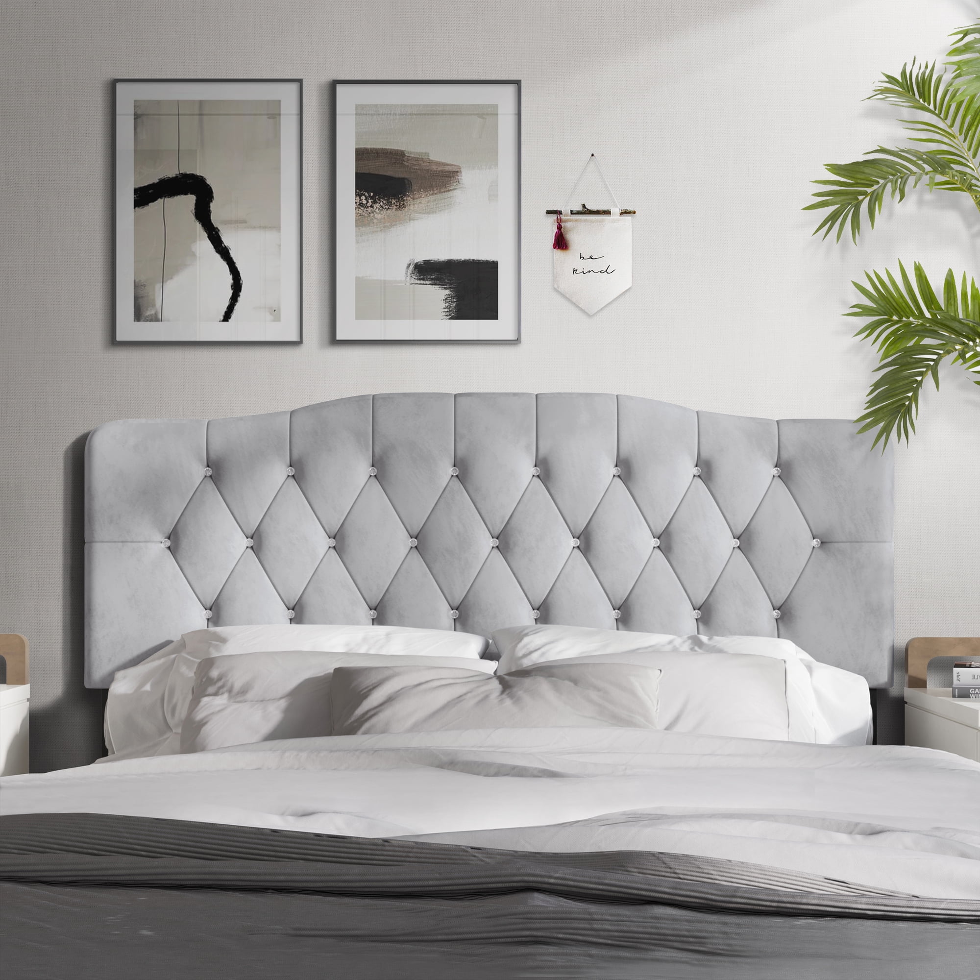 Castle Place Uphlostered Tufted Headboard, Silver Grey Velvet, King