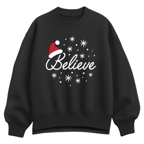 Instant Message - Believe With Santa Hat - Ladies Oversized Fleece Crew Sweatshirt