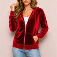thumbnail image 6 of Karymi Zip‑Up Velvet Hooded Jackets for Women, Drawstring Hood Long Sleeve Casual Outerwear with Kangaroo Pocket, 6 of 7