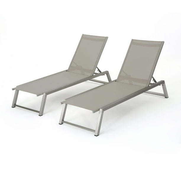Set of 2 Gray Finish Mesh Outdoor Furniture Patio Chaise Lounges 76.5