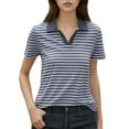 thumbnail image 1 of Fgnfyis T-Shirt à Manches Courtes Rayé pour Femme, Col Rond Décontracté, Haut pour Usage Quotidien Printemps Été Automne, Blouse Confortable avec Design de Col Classique, Hauts pour Femmes Décontractés Violet TG, 1 of 4