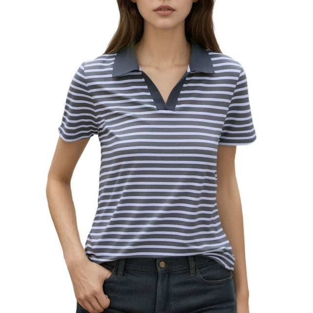 T-Shirt Tendance pour Femme à Col en V Rayé avec Col, Haut Décontracté à Manches Courtes pour Tous les Jours et à Porter