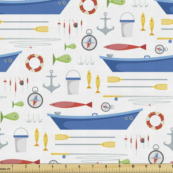 Ambesonne Marine Fabric by the Yard Upholstery, Cartoon Fishing Rods, 2 Yards, Multicolor