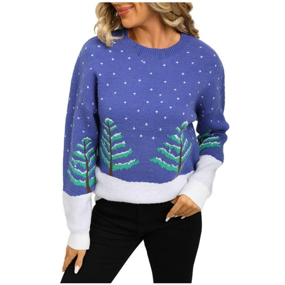 TFEOQRY Women's Christmas Tree Pattern Sweater Crew Neck Long Sleeve Loose Knitted Casual Pullover Top Blue