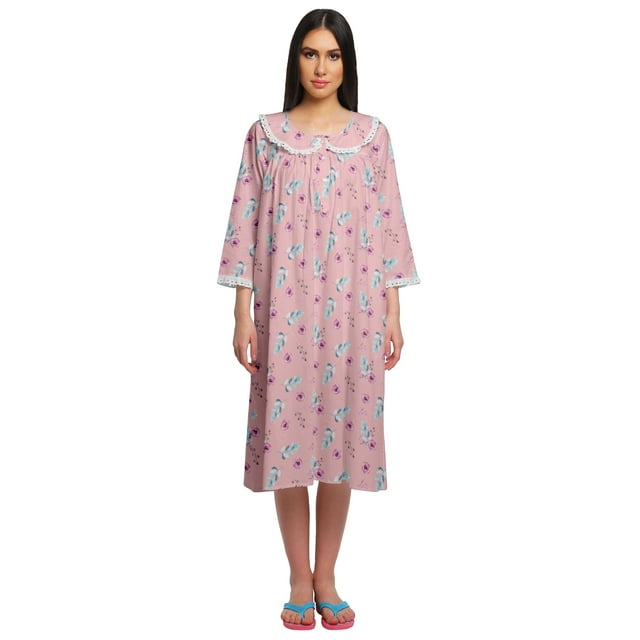 Moomaya Chemise de Nuit en Coton pour Femmes Imprimée Col Rond avec Patte de Boutonnage