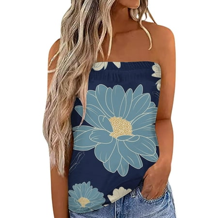 JDEFEG Plus Size Camisole Tops for Women Strapless Bandeau Corset Tank Casual Sleeveless Summer Vacation Loose Fit Holiday Top Shirt Blouse Women Tanks Top Blue Size S