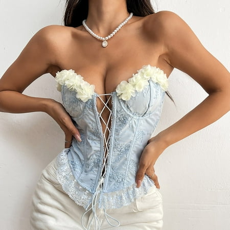 pstuiky Plus Size Tank Tops for Women  Women Strapless Lace Up Corset Top with Floral Embroidery Fishbone Design Hot Spicy Style Sexy Rope Tied Bustier for Summer Outfits Blue M