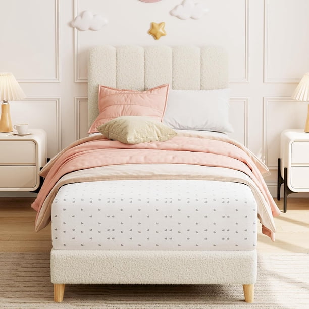 Girls'/para niños' forrado cama de plataforma con wave cabecero - easy to assemble, de madera slats support, no necesita colchón base, beige