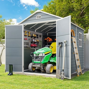 Lofka 8x6 ft Outdoor Resin Storage Shed with Floor & Lockable Double Doors - Heavy Duty Plastic Garden Shed for Backyard|Patio|Lawn Tool Organization - Grey