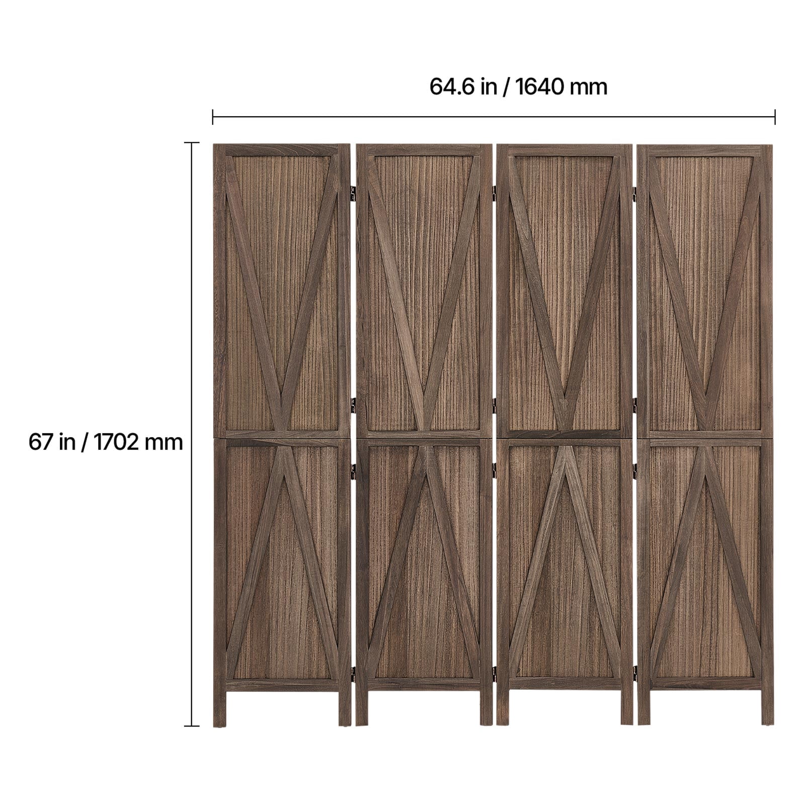 KFFKFF 4-Panel Wooden Room Divider with X Pattern, Folding Privacy Screen for Home Decor and Room Separation, 67 Inches Tall, Solid Frame, 360° Two-Way Hinges, Rustic Wooden Partition with Hardware