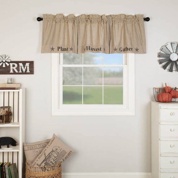 VHC Brands Sawyer Mill Plant, Harvest, Gather Text Chambray Cotton Farmhouse Thanksgiving Decor Rod Pocket Hanging Loops Pleated 20x72 Valance, Dark Creme White