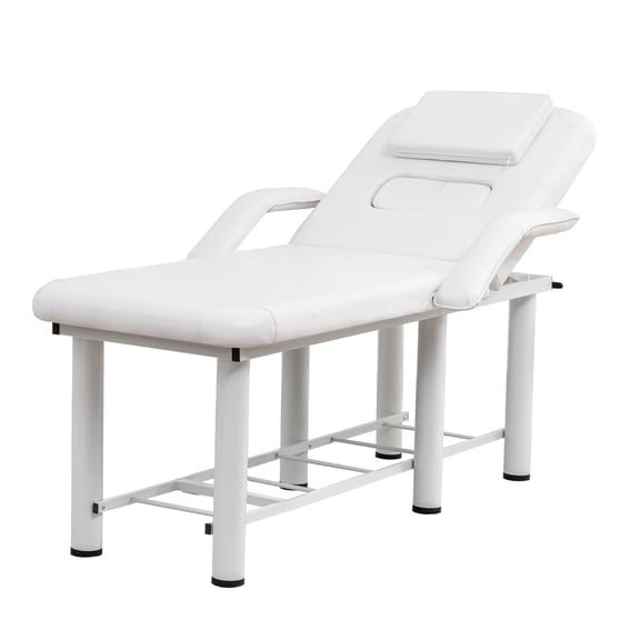 Thanaddo Heavy Duty Stationary Massage Table Adjustable Backrest 73.6" Removable Breast Cushion PU Leather White for Salon Clinic
