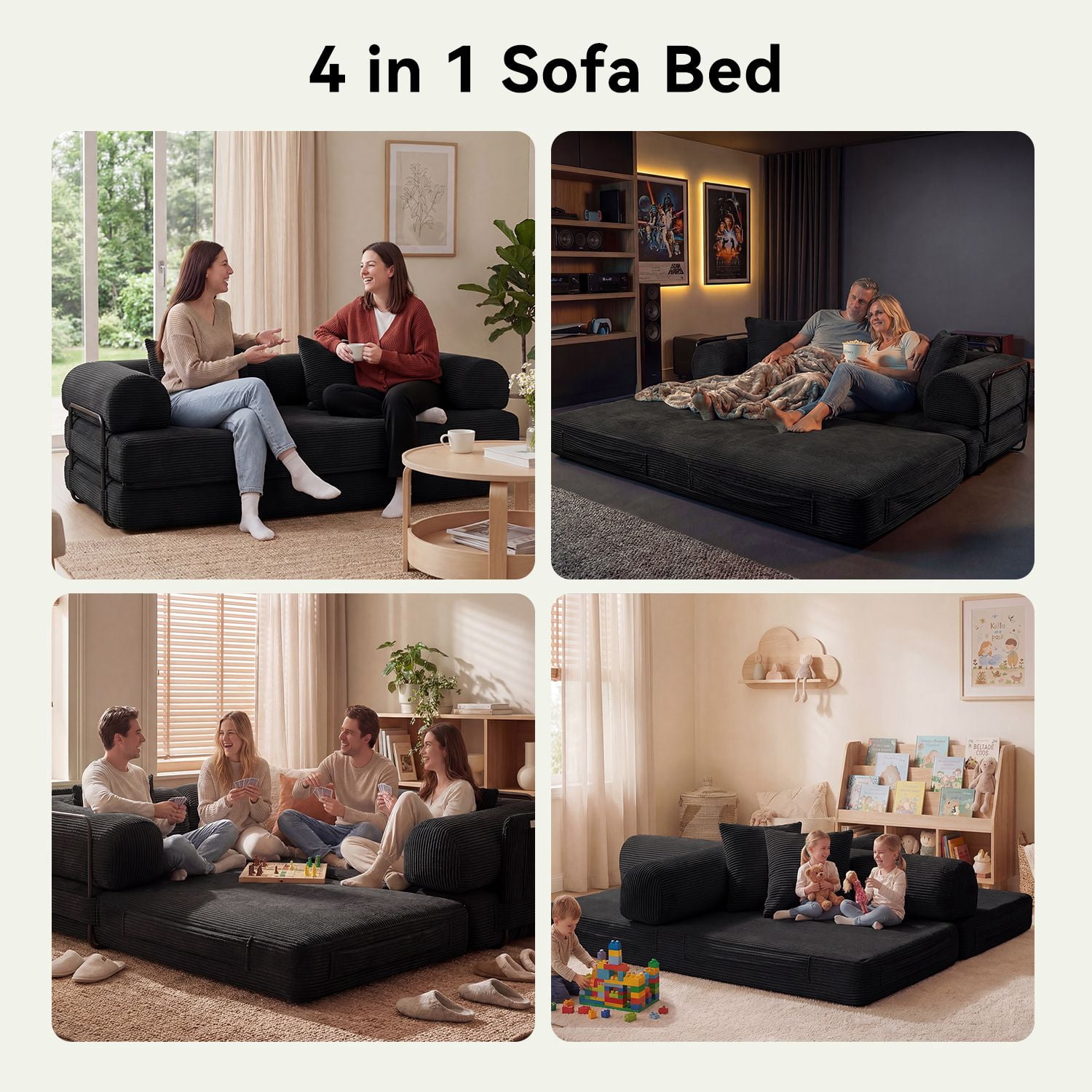 LazySunsets Sofa Bed Convertible Boneless Couch Corduroy Modular Couch Bed with Fixed-Shape Frame & Removable Armrests for Living Room, Bedroom Black