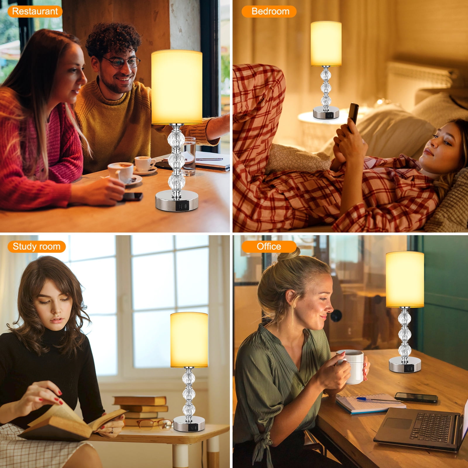 Touch Crystal Table Lamps, 3 Way Dimmable Bedside Lamp with USB C+A Charging Port for Bedroom Living Room, Office (Bulb Included)